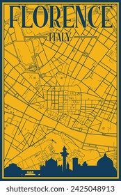 Gelb und blau handgezeichnetes gerahmtes Poster der Innenstadt von FLORENZ, ITALIEN mit hervorgehobener Vintage-City-Skyline und Schriftzug