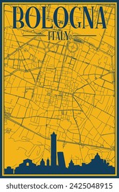 Yellow and blue hand-drawn framed poster of the downtown BOLOGNA, ITALY with highlighted vintage city skyline and lettering