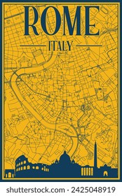 Póster enmarcado a mano en amarillo y azul del centro de ROMA, ITALIA, con el perfil destacado de la ciudad vintage y letras