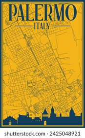 Yellow and blue hand-drawn framed poster of the downtown PALERMO, ITALY with highlighted vintage city skyline and lettering