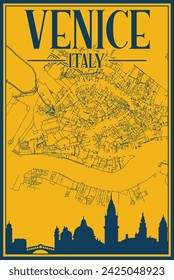 Yellow and blue hand-drawn framed poster of the downtown VENICE, ITALY with highlighted vintage city skyline and lettering