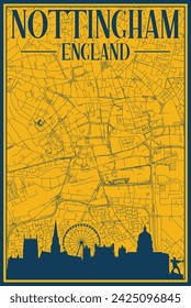 Yellow and blue hand-drawn framed poster of the downtown NOTTINGHAM, ENGLAND with highlighted vintage city skyline and lettering