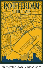 Yellow and blue hand-drawn framed poster of the downtown ROTTERDAM, NETHERLANDS with highlighted vintage city skyline and lettering