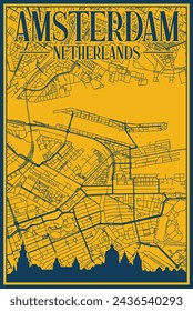 Yellow and blue hand-drawn framed poster of the downtown AMSTERDAM, NETHERLANDS with highlighted vintage city skyline and lettering