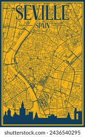 Yellow and blue hand-drawn framed poster of the downtown SEVILLE, SPAIN with highlighted vintage city skyline and lettering