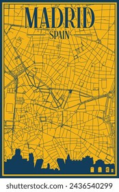 Yellow and blue hand-drawn framed poster of the downtown MADRID, SPAIN with highlighted vintage city skyline and lettering