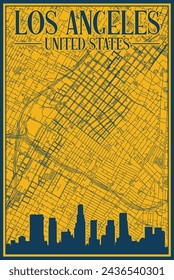 Yellow and blue hand-drawn framed poster of the downtown LOS ANGELES, UNITED STATES OF AMERICA with highlighted vintage city skyline and lettering