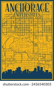 Yellow and blue hand-drawn framed poster of the downtown ANCHORAGE, UNITED STATES OF AMERICA with highlighted vintage city skyline and lettering
