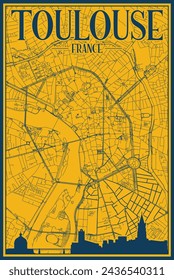 Yellow and blue hand-drawn framed poster of the downtown TOULOUSE, FRANCE with highlighted vintage city skyline and lettering