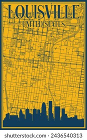 Yellow and blue hand-drawn framed poster of the downtown LOUISVILLE, UNITED STATES OF AMERICA with highlighted vintage city skyline and lettering