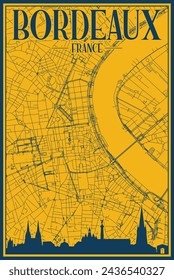 Yellow and blue hand-drawn framed poster of the downtown BORDEAUX, FRANCE with highlighted vintage city skyline and lettering