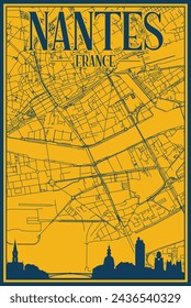 Yellow and blue hand-drawn framed poster of the downtown NANTES, FRANCE with highlighted vintage city skyline and lettering