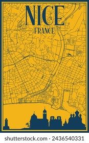 Yellow and blue hand-drawn framed poster of the downtown NICE, FRANCE with highlighted vintage city skyline and lettering