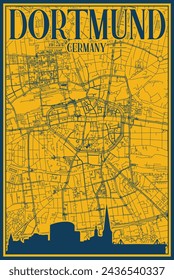 Yellow and blue hand-drawn framed poster of the downtown DORTMUND, GERMANY with highlighted vintage city skyline and lettering