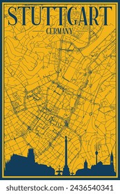 Yellow and blue hand-drawn framed poster of the downtown STUTTGART, GERMANY with highlighted vintage city skyline and lettering