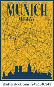 Yellow and blue hand-drawn framed poster of the downtown MUNICH, GERMANY with highlighted vintage city skyline and lettering