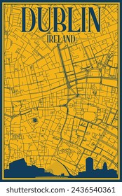 Yellow and blue hand-drawn framed poster of the downtown DUBLIN, IRELAND with highlighted vintage city skyline and lettering