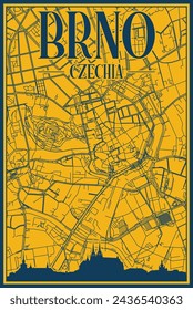 Yellow and blue hand-drawn framed poster of the downtown BRNO, CZECH REPUBLIC with highlighted vintage city skyline and lettering