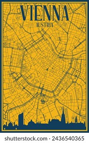 Yellow and blue hand-drawn framed poster of the downtown VIENNA, AUSTRIA with highlighted vintage city skyline and lettering