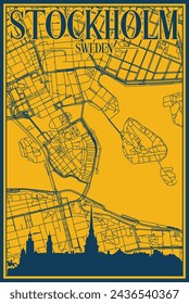 Yellow and blue hand-drawn framed poster of the downtown STOCKHOLM, SWEDEN with highlighted vintage city skyline and lettering