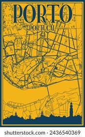 Yellow and blue hand-drawn framed poster of the downtown PORTO, PORTUGAL with highlighted vintage city skyline and lettering