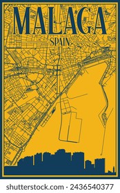 Yellow and blue hand-drawn framed poster of the downtown MALAGA, SPAIN with highlighted vintage city skyline and lettering