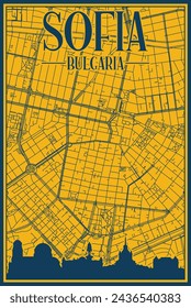 Yellow and blue hand-drawn framed poster of the downtown SOFIA, BULGARIA with highlighted vintage city skyline and lettering