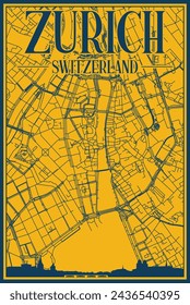 Yellow and blue hand-drawn framed poster of the downtown ZURICH, SWITZERLAND with highlighted vintage city skyline and lettering