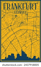 Afiche enmarcado a mano amarillo y azul del centro de FRANKFURT, ALEMANIA con el horizonte de la ciudad vintage destacado y letras