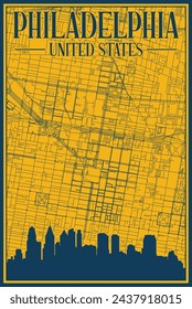 Yellow and blue hand-drawn framed poster of the downtown PHILADELPHIA, UNITED STATES OF AMERICA with highlighted vintage city skyline and lettering