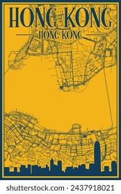 Yellow and blue hand-drawn framed poster of the downtown HONG KONG with highlighted vintage city skyline and lettering