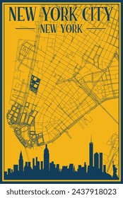 Yellow and blue hand-drawn framed poster of the downtown NEW YORK CITY, UNITED STATES OF AMERICA with highlighted vintage city skyline and lettering