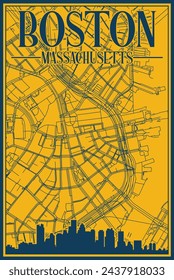 Yellow and blue hand-drawn framed poster of the downtown BOSTON, UNITED STATES OF AMERICA with highlighted vintage city skyline and lettering