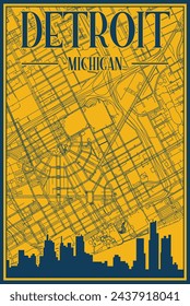 Yellow and blue hand-drawn framed poster of the downtown DETROIT, UNITED STATES OF AMERICA with highlighted vintage city skyline and lettering