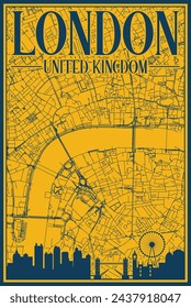 Yellow and blue hand-drawn framed poster of the downtown LONDON, UNITED KINGDOM with highlighted vintage city skyline and lettering