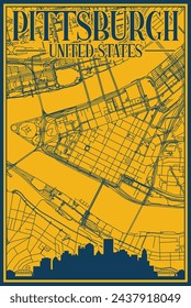 Yellow and blue hand-drawn framed poster of the downtown PITTSBURGH, UNITED STATES OF AMERICA with highlighted vintage city skyline and lettering