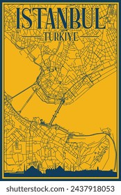 Yellow and blue hand-drawn framed poster of the downtown ISTANBUL, TURKEY with highlighted vintage city skyline and lettering