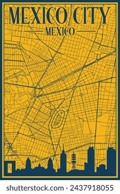 Gelb und blau handgezeichnetes gerahmtes Poster der Innenstadt von MEXIKO-STADT, MEXIKO mit hervorgehobener Vintage-City-Skyline und Schriftzug