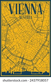 Yellow and blue hand-drawn framed poster of the downtown VIENNA, AUSTRIA with highlighted vintage city skyline and lettering