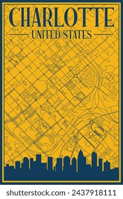 Yellow and blue hand-drawn framed poster of the downtown CHARLOTTE, UNITED STATES OF AMERICA with highlighted vintage city skyline and lettering