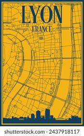 Yellow and blue hand-drawn framed poster of the downtown LYON, FRANCE with highlighted vintage city skyline and lettering