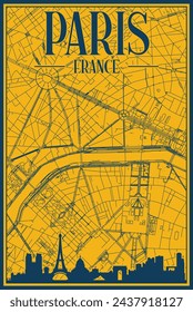 Yellow and blue hand-drawn framed poster of the downtown PARIS, FRANCE with highlighted vintage city skyline and lettering