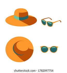 Yellow blue hat and sunglasses from different angles isolated on white background. Top and face views. Casual and beach clothes style for sun protect. Fashion accessories. Vector Illustration.