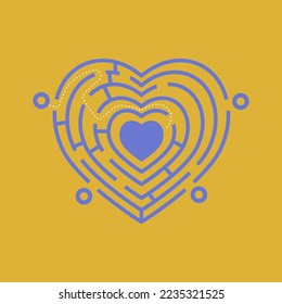 Yellow and blue heart labyrinth cartoon illustration. Heart maze, puzzle or riddle for finding right way, exit or direction. Mental game, conundrum concept