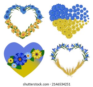 Yellow and blue hearts set with flowers. Ukraine flag colors. Vector illustration.