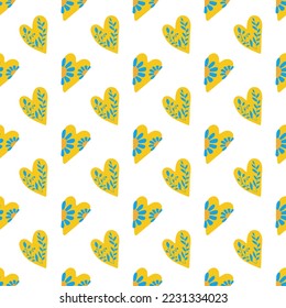 Yellow and blue hearts vector illustration. Stand with Ukraine art. Seamless pattern.
