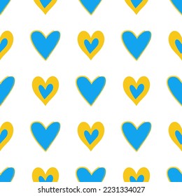 Yellow and blue hearts vector illustration. Stand with Ukraine art. Seamless pattern.