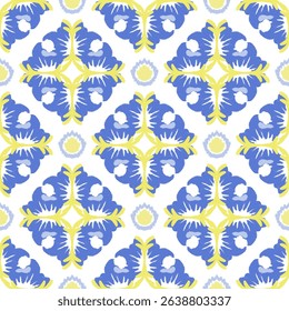 Yellow and blue ikat seamless pattern illustration in traditional style. Portuguese tiles. Wallpaper, curtains, textiles, and rugs.