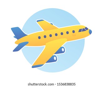 Yellow blue jet airplane jetliner in blue sky fly up taking off vector illustration, passenger airliner travel cartoon icon flat design.