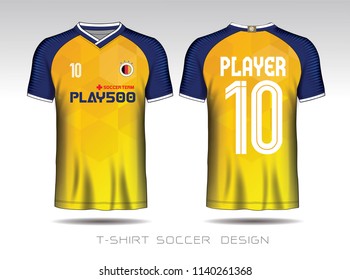 Yellow and Blue layout football sport t-shirt design. Template front, back view. Soccer kit national team shirt mock up. Vector Illustration.